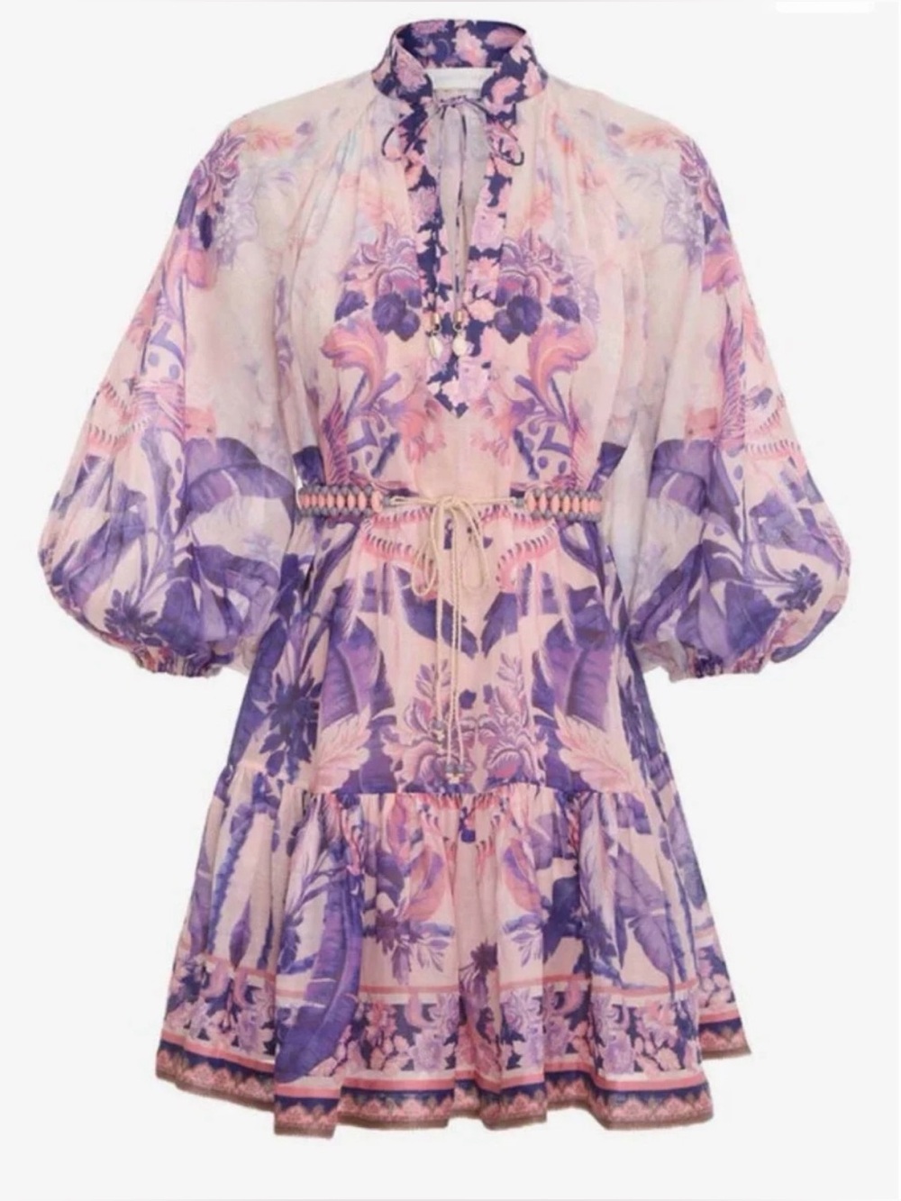 Zimmermann Purple Palm Lyre Billow Mini Dress Belted Sz 3 US Large
